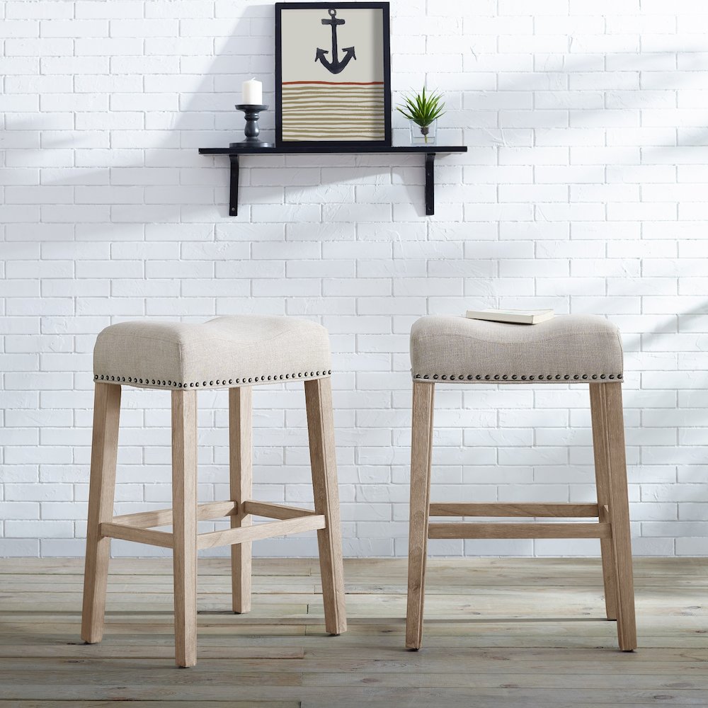 CoCo Upholstered Backless Saddle Seat Bar Stools 29" height Set of 2, Tan. Picture 2