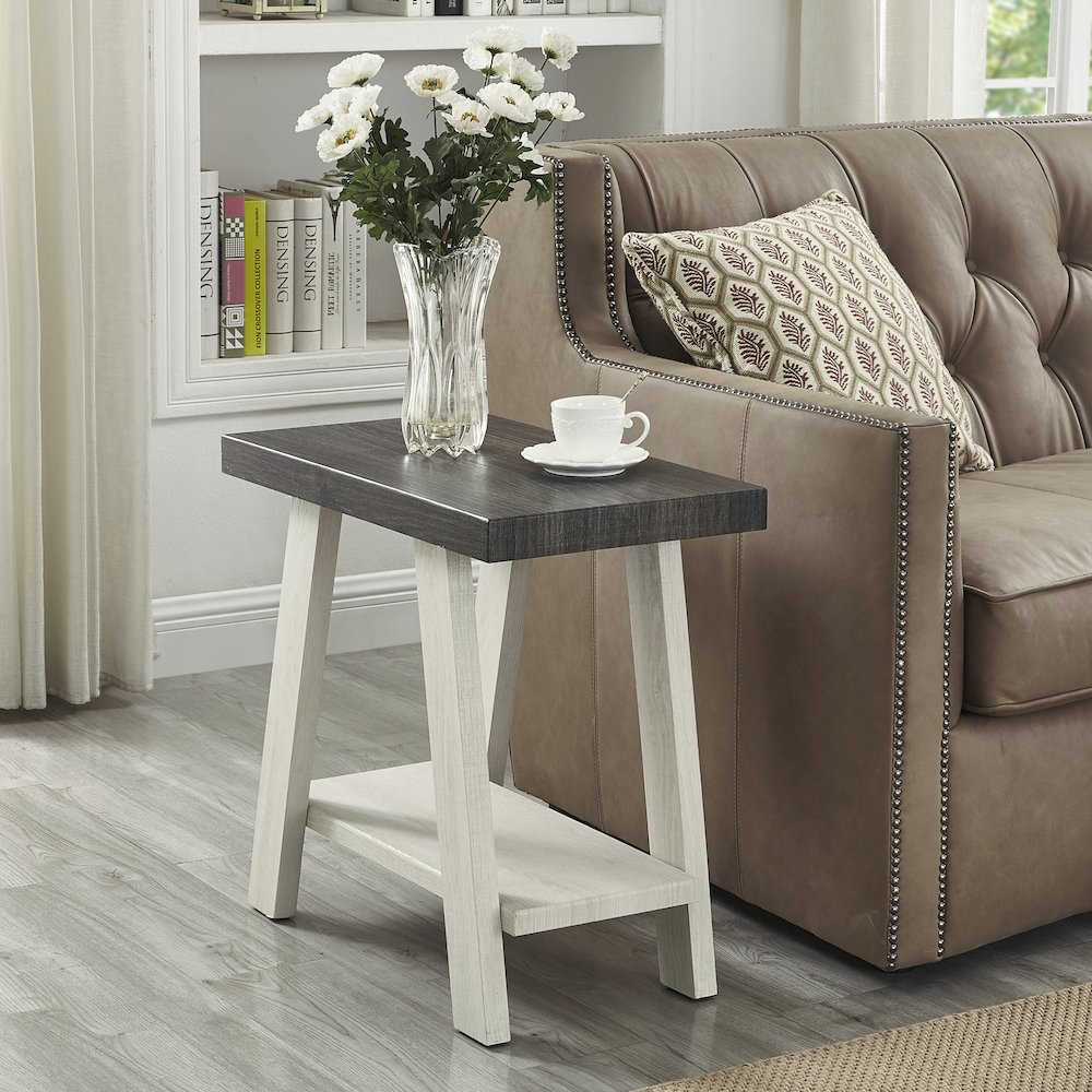 Ethens Contemporary Two-Tone Wood Shelf Side Table in Weathered Charcoal/Beige. Picture 2