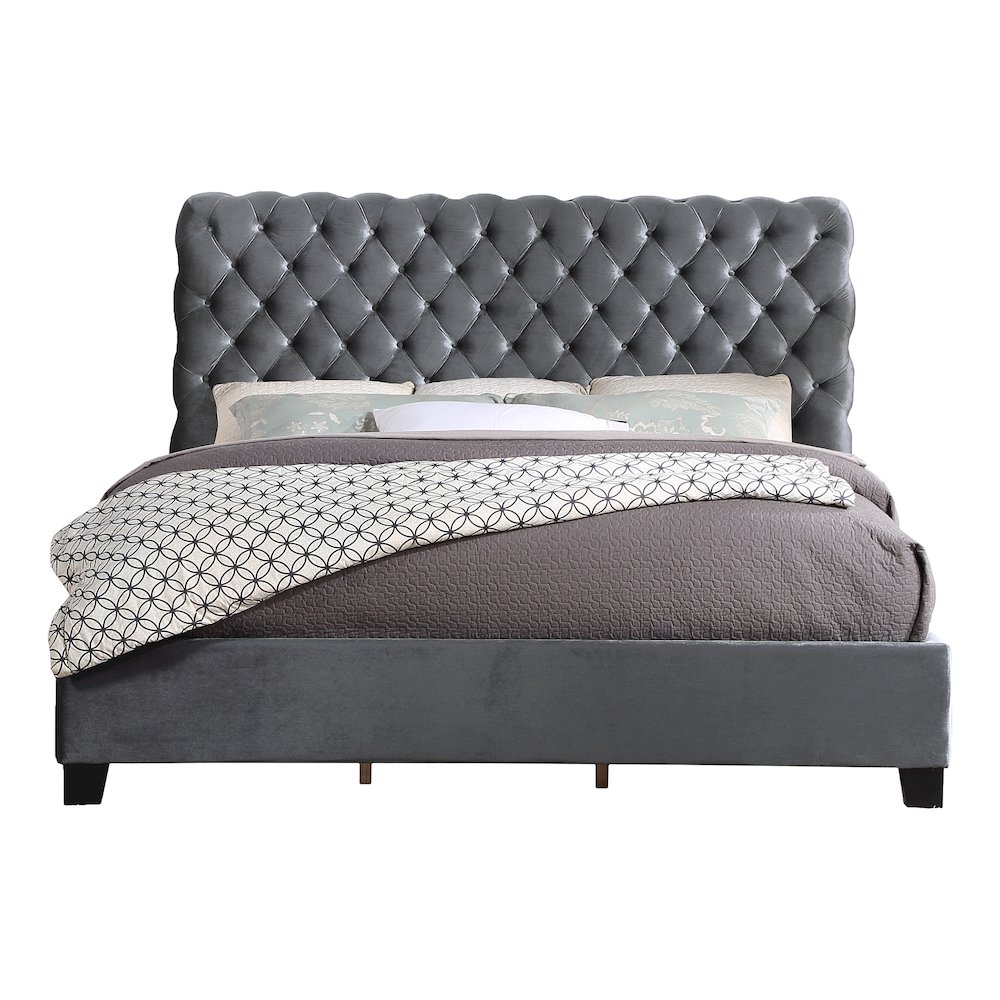 Apoera Velvet Upholstered Button Tufted Bed, King, Gray. Picture 1