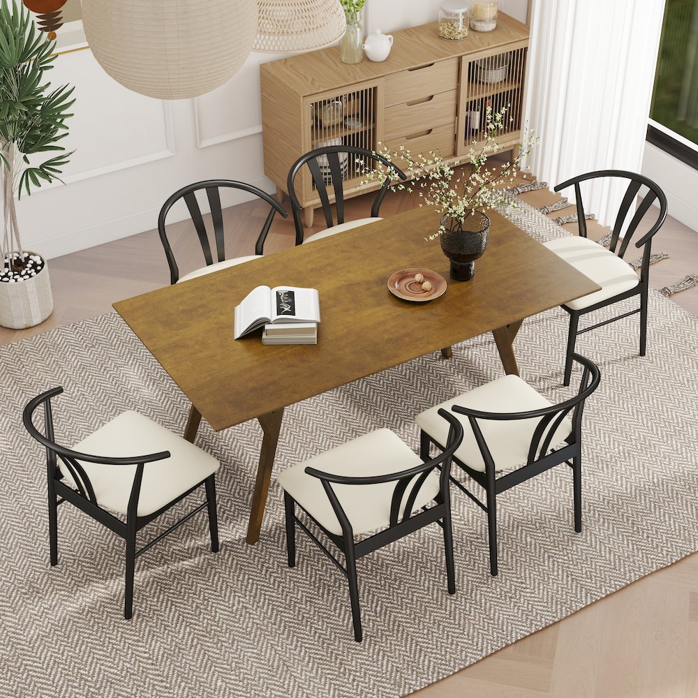 7-Piece Dining Set, Walnut Finished Dining Table with 6 Black Wishbone Chairs. Picture 6