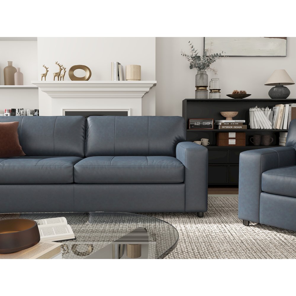 Sakan Leather 3-Pc Living Room Set, Sofa Loveseat and Chair, Blue. Picture 4