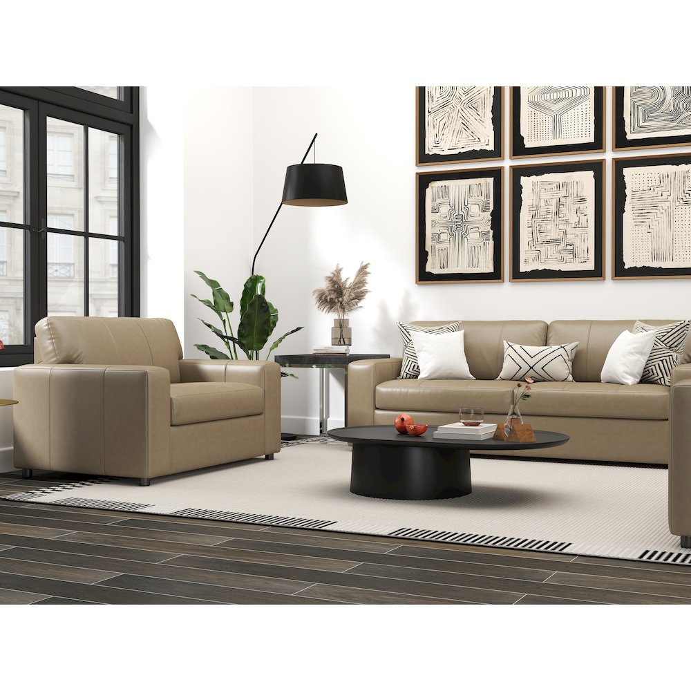 Sakan Leather 3-Pc Living Room Set, Sofa Loveseat and Chair, Beige. Picture 4