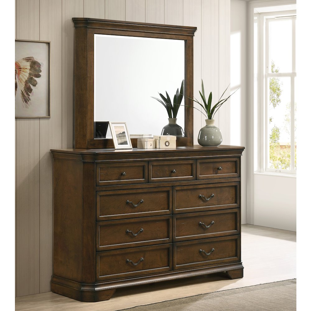 Maderne Traditional Wood 9-Drawer Dresser with Mirror, Antique Walnut Finish. Picture 2