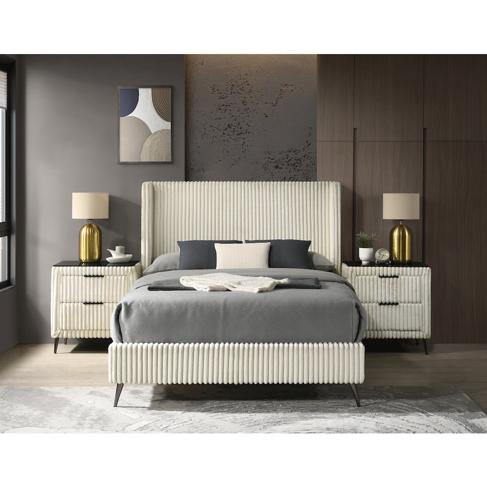 Mavela Wide Wale Corduroy Panel Queen Bed with 2 Nightstands and Bench, Cream. Picture 5