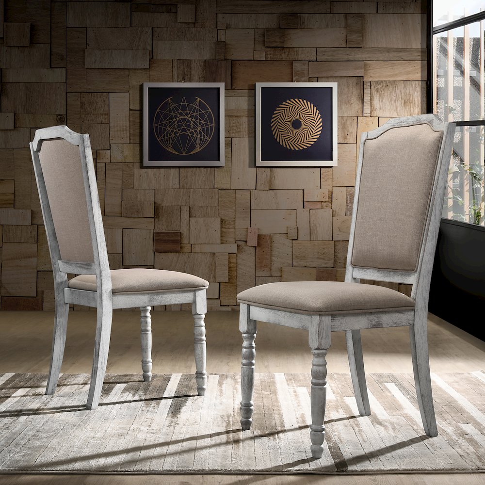 7-Piece Dining Set, Table with 6 Upholstered Chairs, Rustic White and Oak. Picture 6