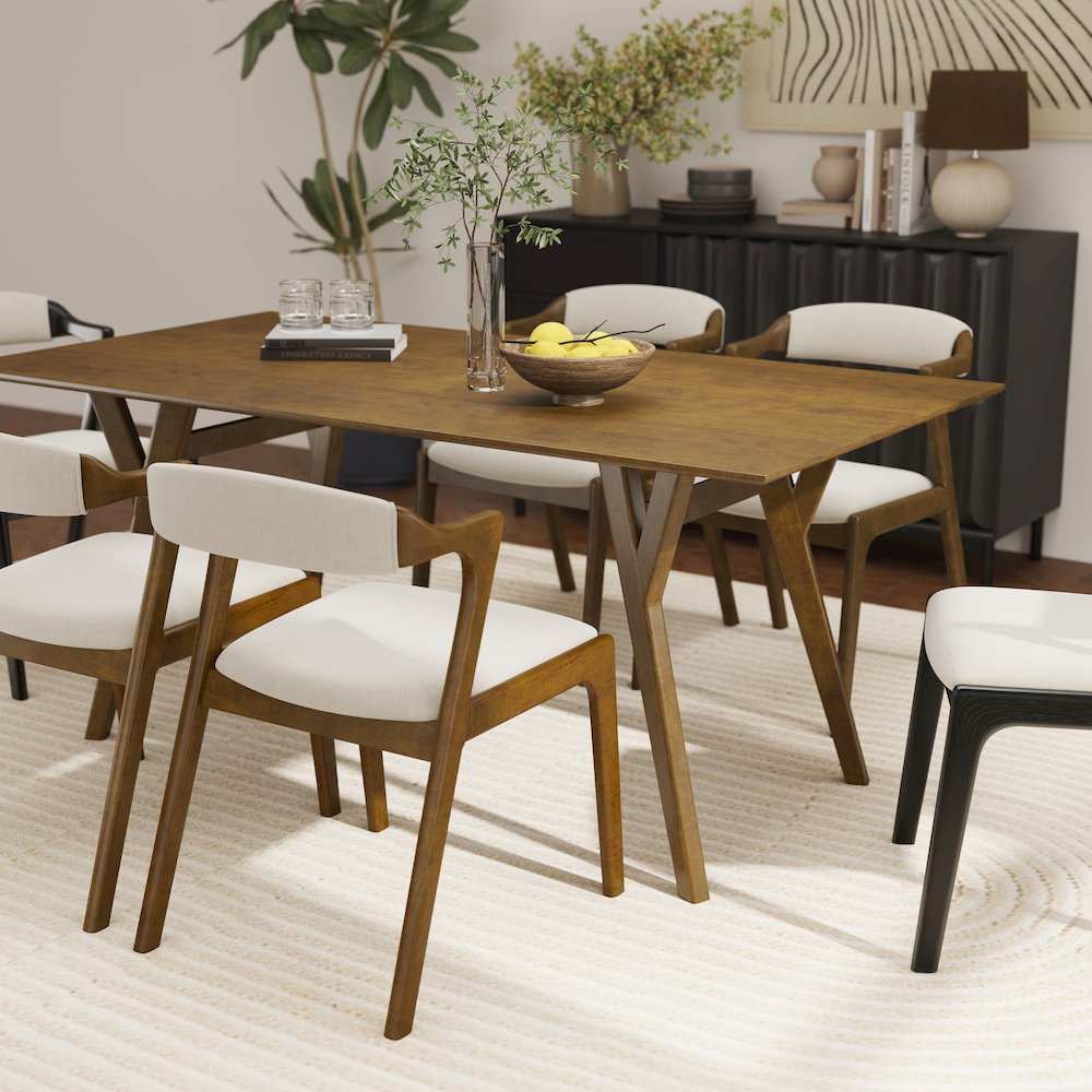 Lavin Modern 7-Piece Dining Set, Dining Table with 2 Black and 4 Walnut Chairs. Picture 13