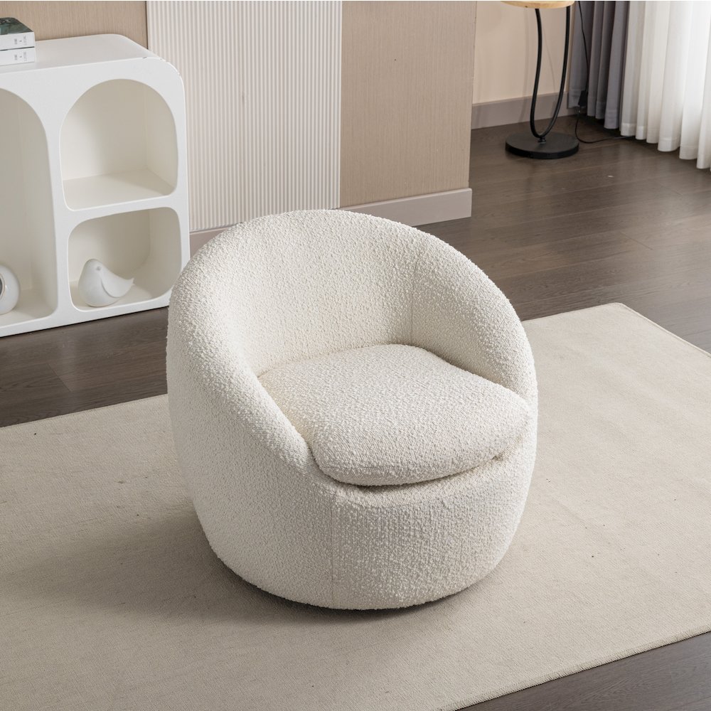 Winnie Modern Teddy Boucle Fabric Barrel Chair, 360 Degree Swivel, White. Picture 6