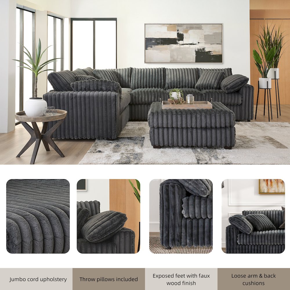 Belvoir 3-Piece Living Room Set, Sofa Cuddle Chaise and Ottoman, Charcoal. Picture 4