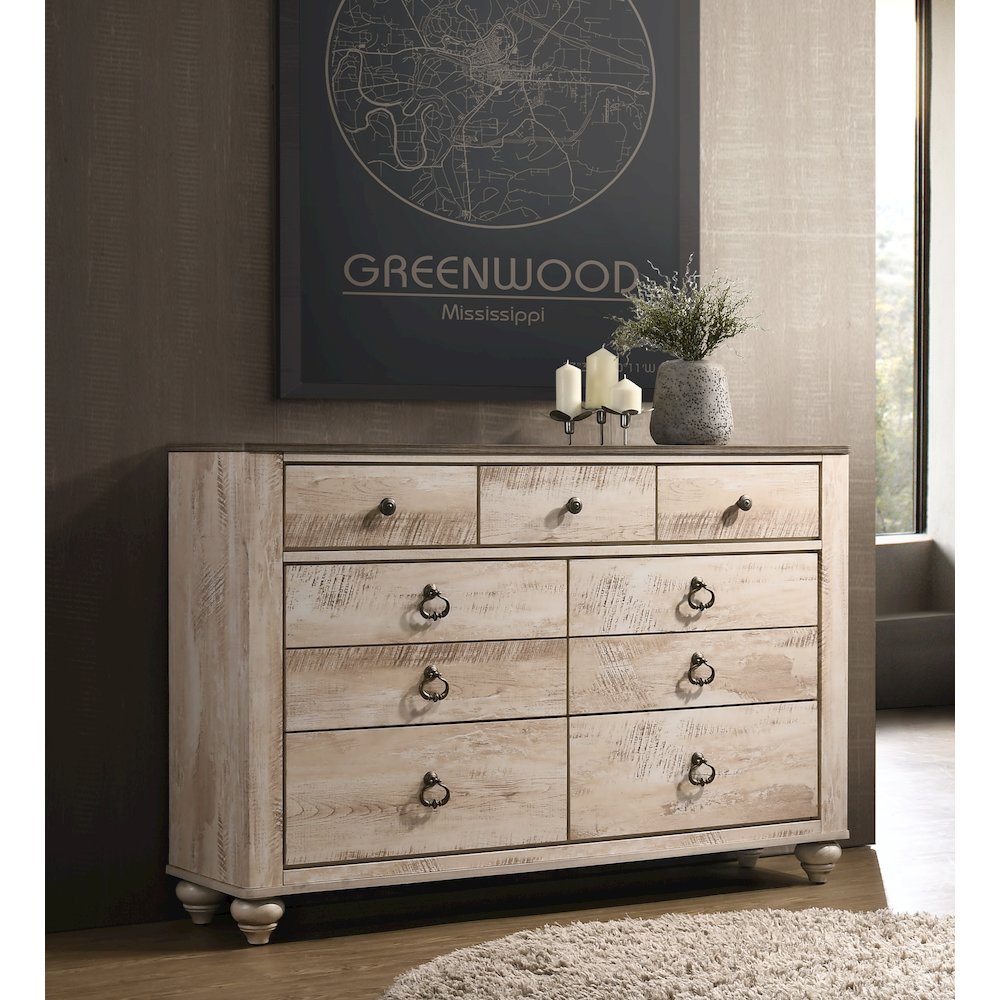 Imerland Contemporary White Wash Finish Patched Wood Top 7-drawer Dresser. Picture 2