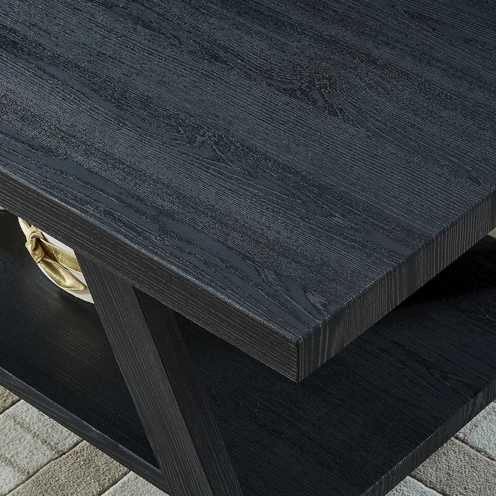 Athens Contemporary Replicated Wood Shelf Coffee Table in Black Finish. Picture 5