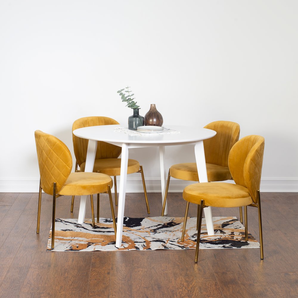 Amoa 5-Pc Dining Set, White Round Dining Table with 4 Chairs, Yellow. Picture 1
