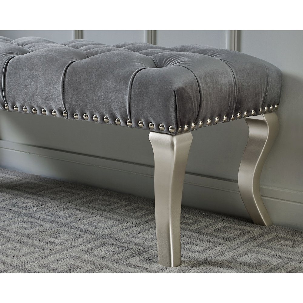 Decor Maxem Tufted Fabric Upholstered Seat with Nailhead Trim Bench, Gray. Picture 3
