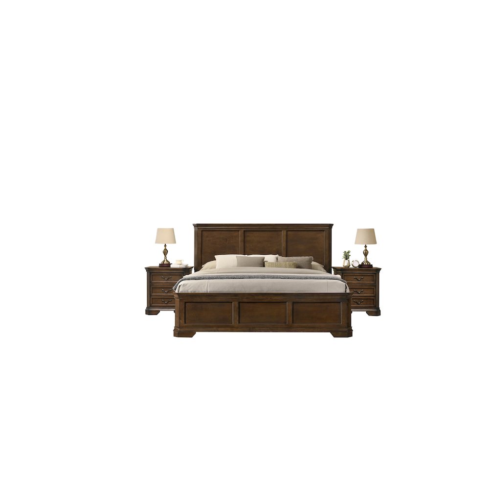 3-Piece Bedroom Set, King Panel Bed and 2 Nightstands, Antique Walnut Finish. Picture 1
