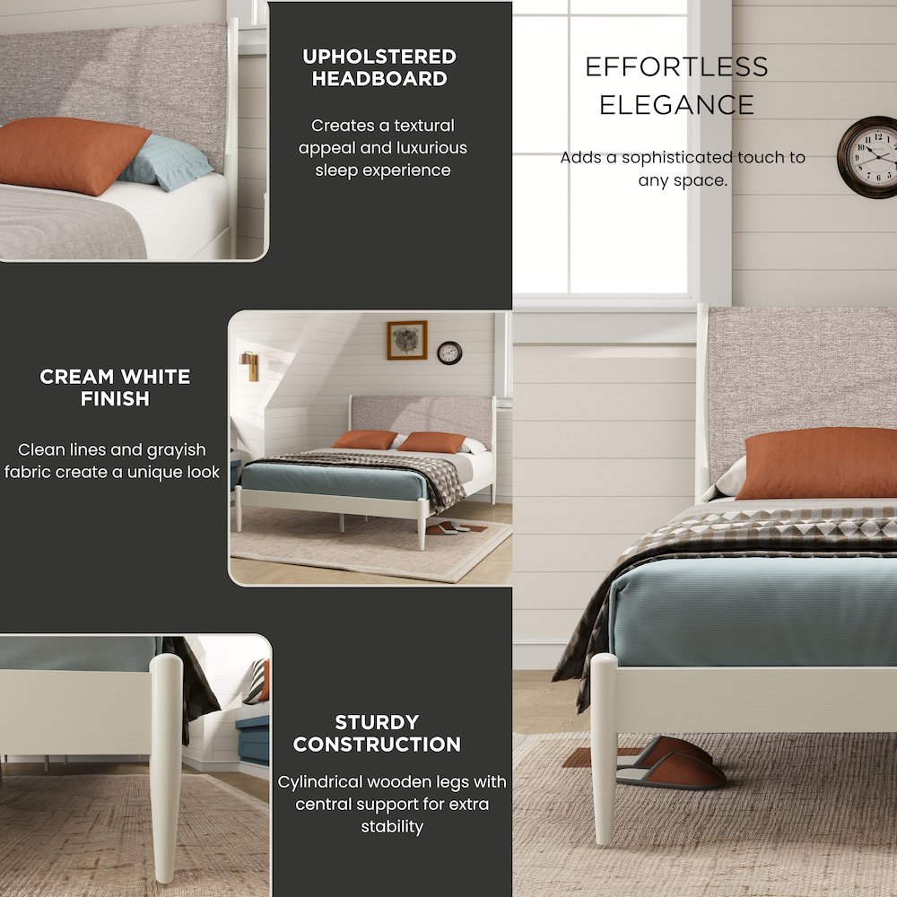 Feeney 3-Pc Bedroom Set, Platform Bed with Two Nightstands, Cream White, Queen. Picture 4