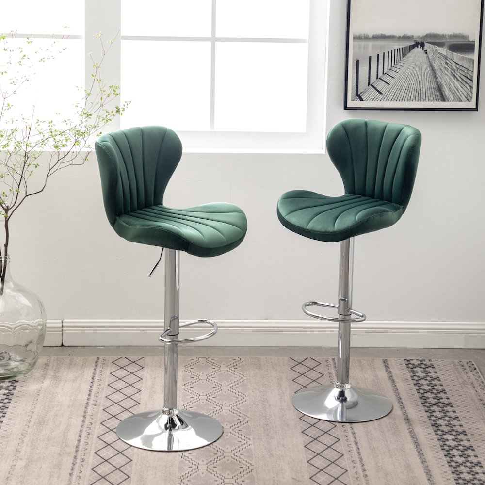 Ellston Upholstered Adjustable Swivel Barstools in Green, Set of 2. Picture 3