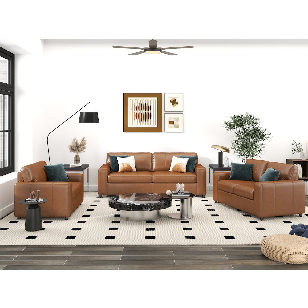 Sakan Leather 3-Pc Living Room Set, Sofa Loveseat and Chair, Caramel. Picture 2