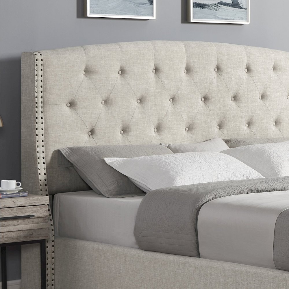 3-Piece Upholstered Bedroom Set, Tufted Wingback Bed, 2White Nightstands, Queen. Picture 4