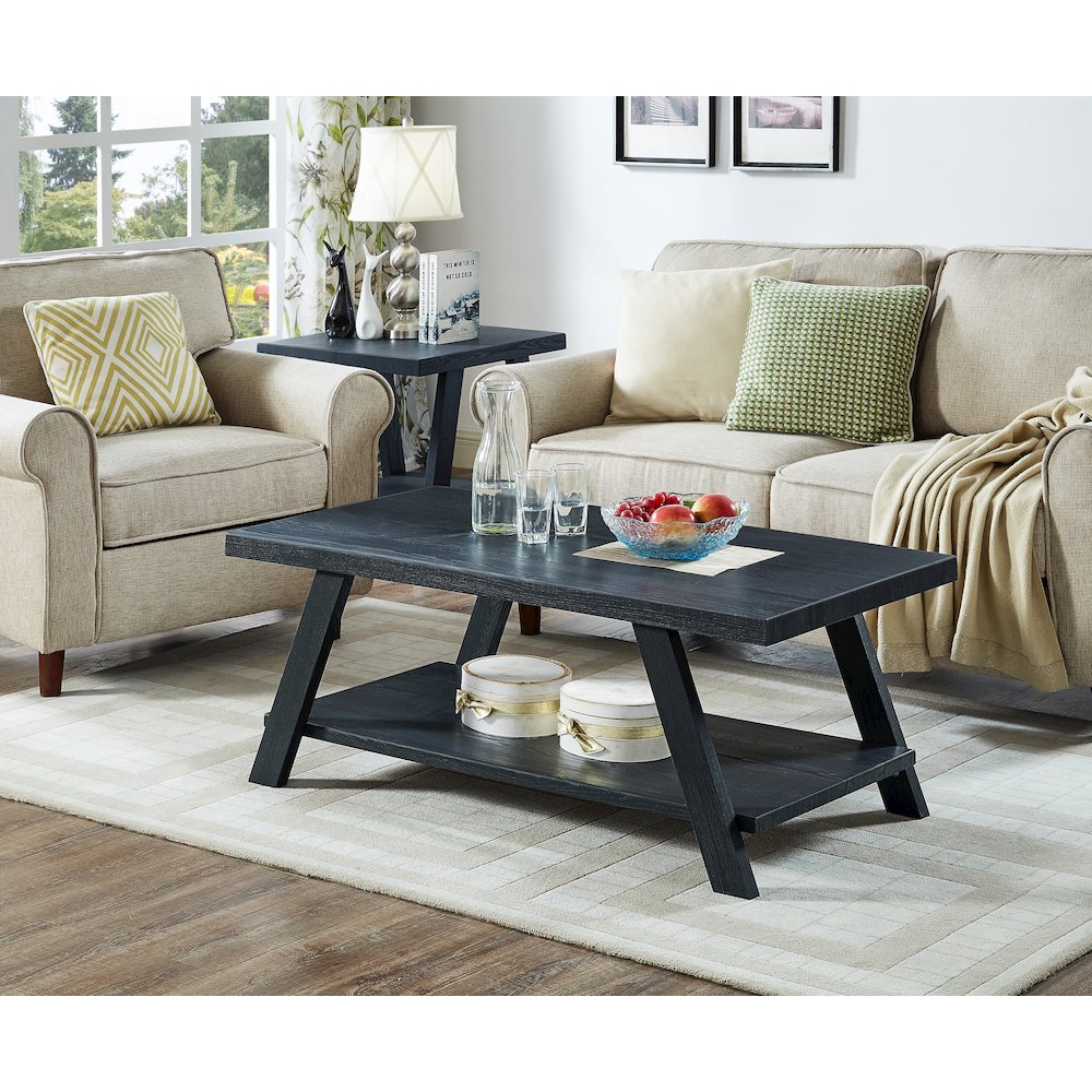 Athens Contemporary Replicated Wood Shelf Coffee Table in Black Finish. Picture 6