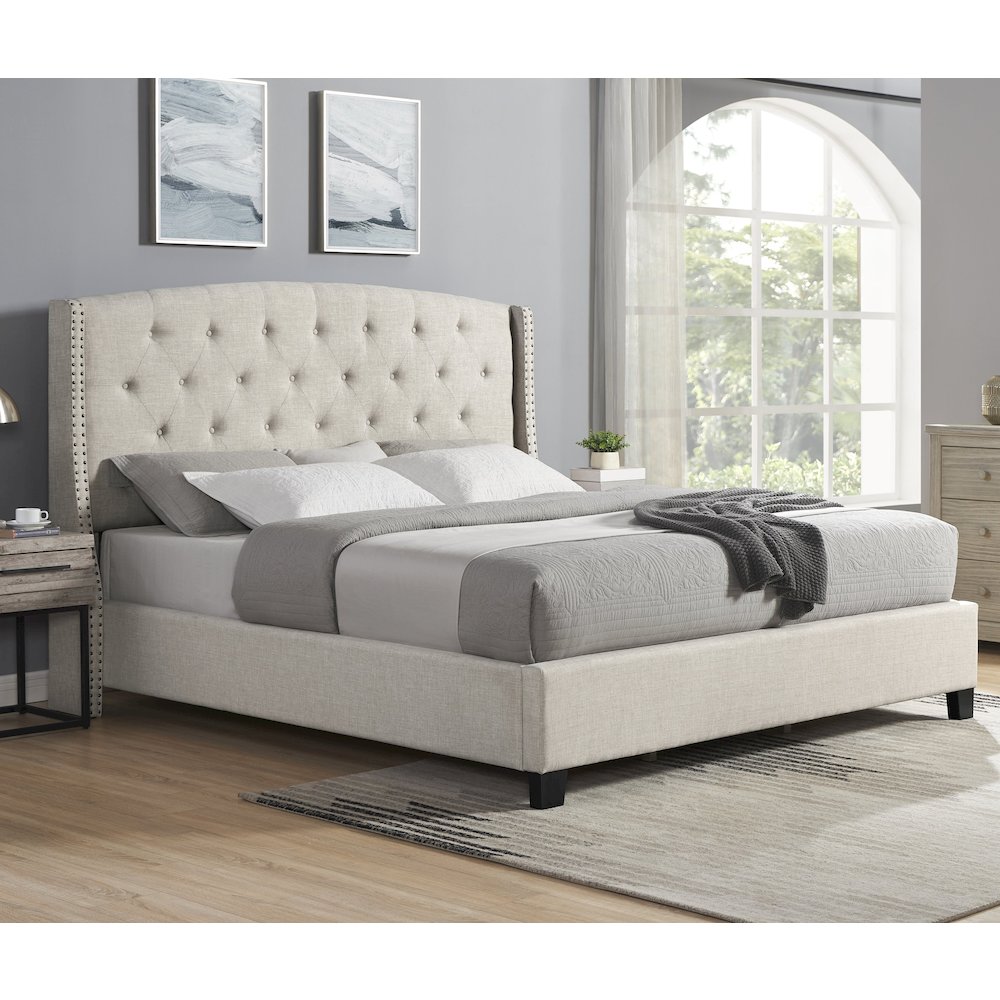 Nantarre Fabric Button Tufted Wingback King Bed with Nail Head Trim, Tan. Picture 2