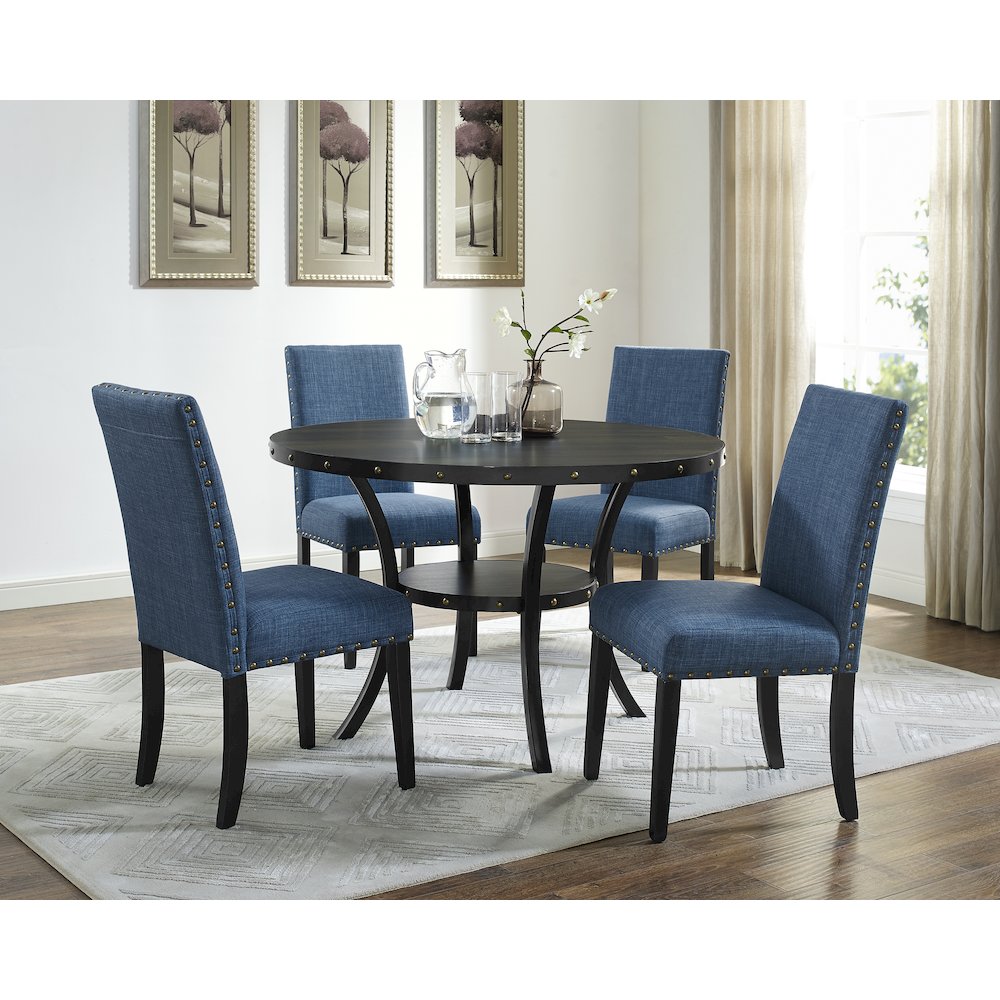 Biony Espresso Wood Dining Set with Blue Fabric Nailhead Chairs, 5-Pc. Picture 2