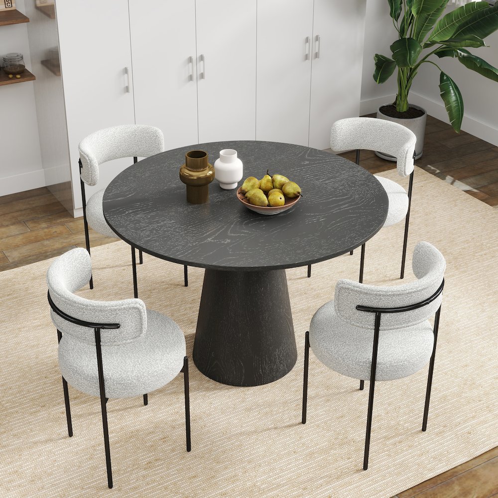 Corff 5-PC Round Pedestal Dining Set, with 4 Boucle Chairs, Black White. Picture 4