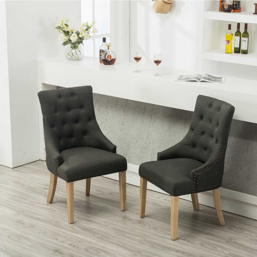 Luna Charcoal Button Tufted Solid Wood Wingback Chairs with Nail Heads Set of 2. Picture 4