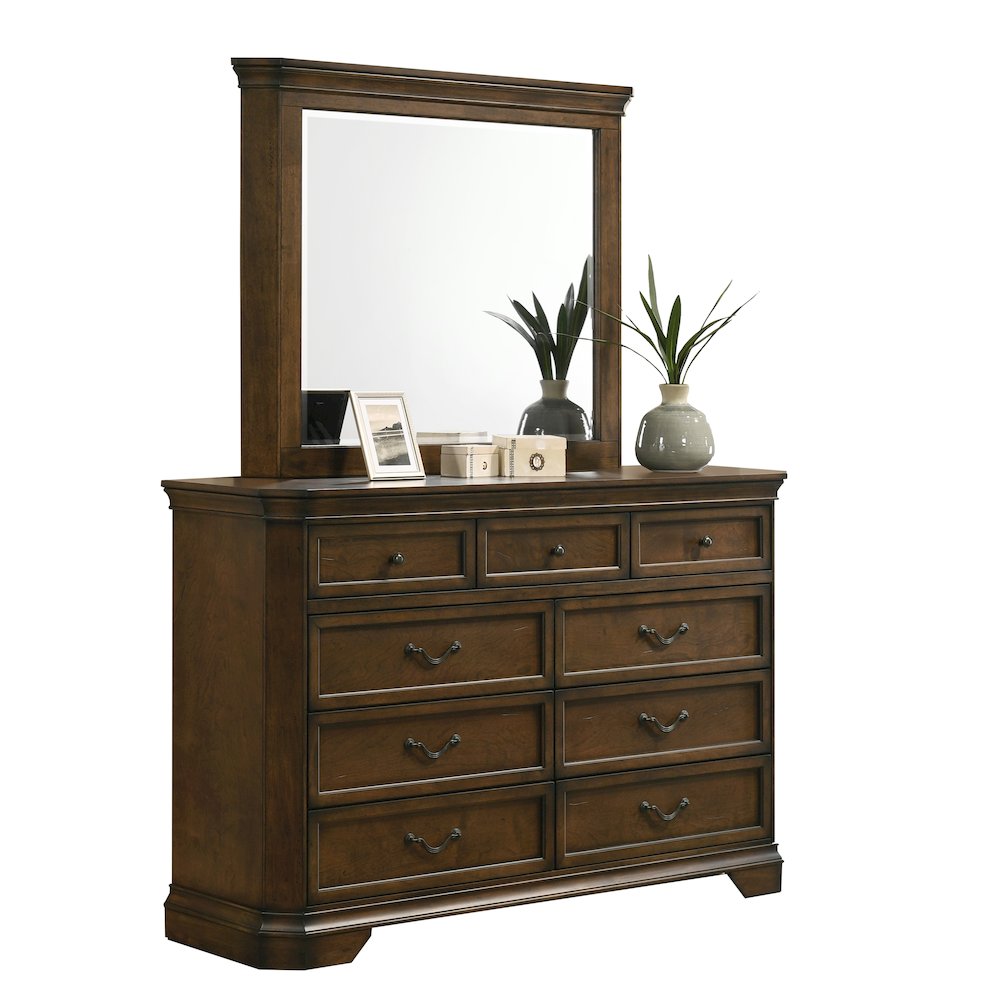 Maderne Traditional Wood 9-Drawer Dresser with Mirror, Antique Walnut Finish. Picture 1