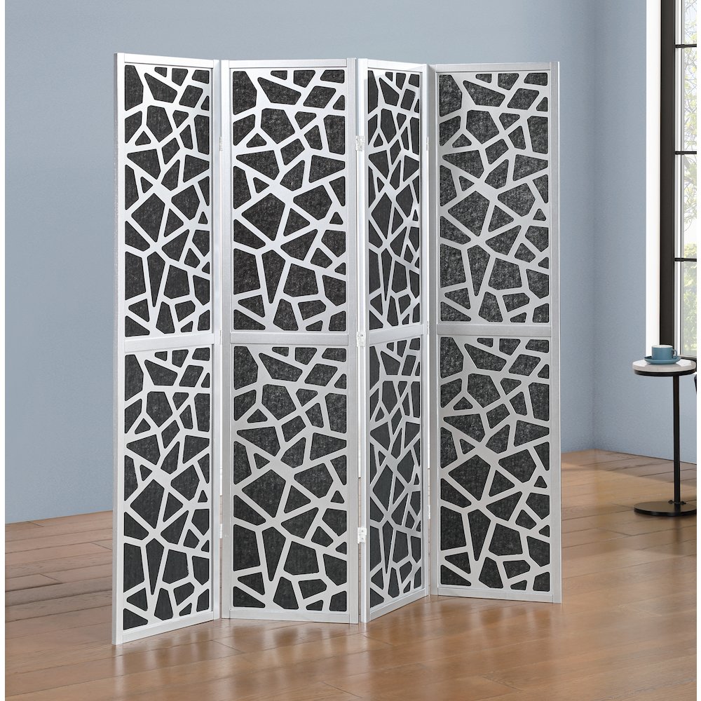 4-Panel Wood Room Divider, Folding Portable Partition Screen, Black and Silver. Picture 2
