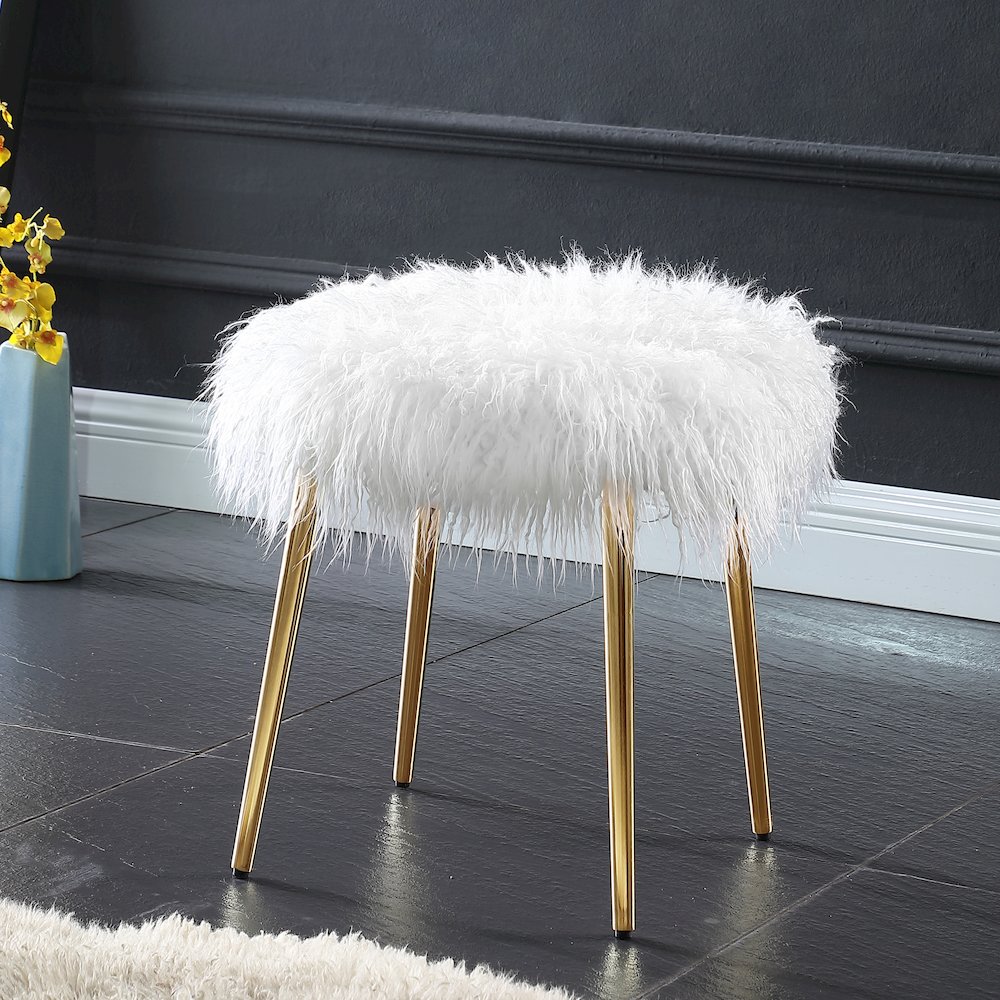 Ravni Faux Fur Accent Ottoman with Gold Legs. Picture 2