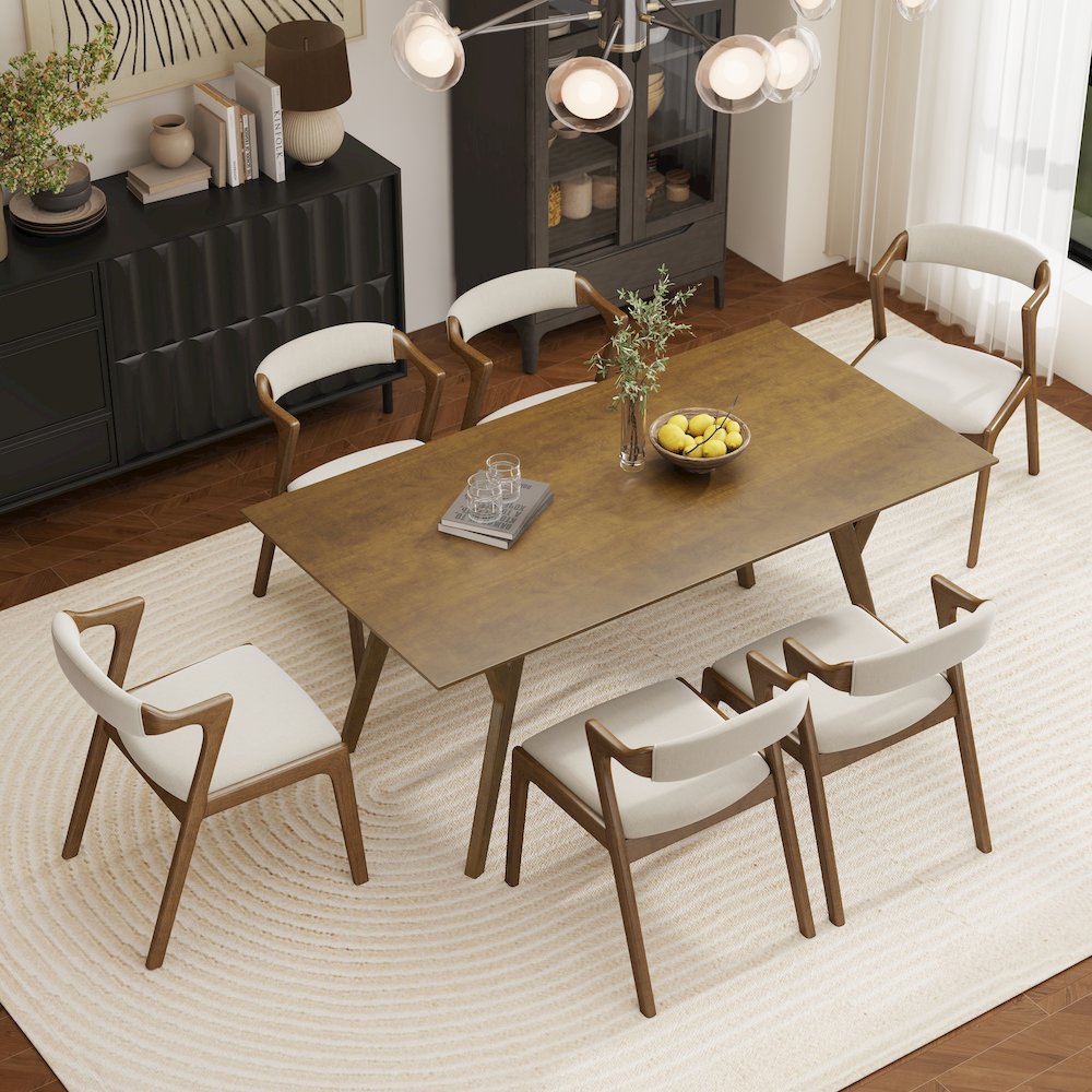 Modern 7-Piece Dining Set, Walnut Finished Dining Table with 6 Brown Chairs. Picture 4