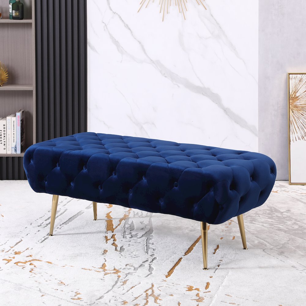 Sira Velvet Button Tufted Bench with Gold Metal Legs, Blue. Picture 2