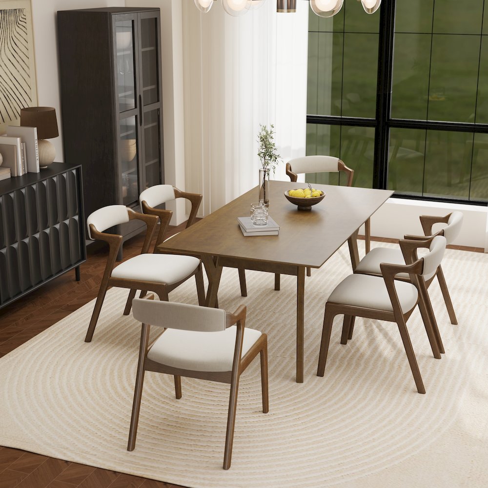 Modern 7-Piece Dining Set, Walnut Finished Dining Table with 6 Brown Chairs. Picture 6