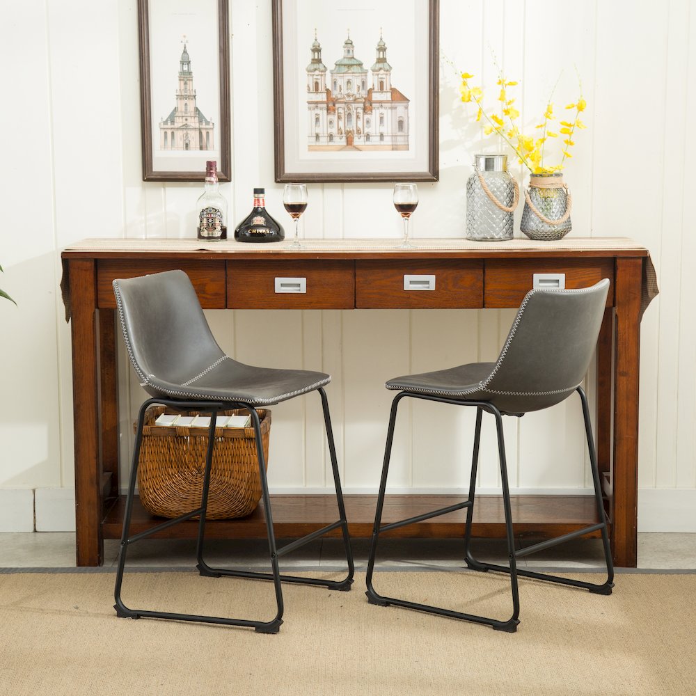 Lotusville Vintage PU Leather Counter Height Stools, Antique Gray, Set of 2. Picture 3