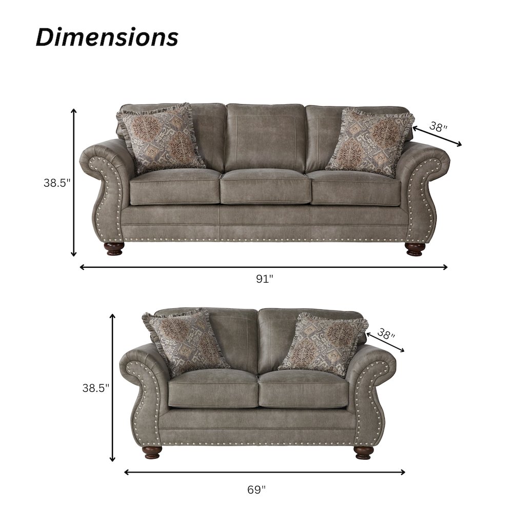Leinster Faux Leather Upholstered Nailhead Sofa and Loveseat Set in Stone Gray. Picture 9
