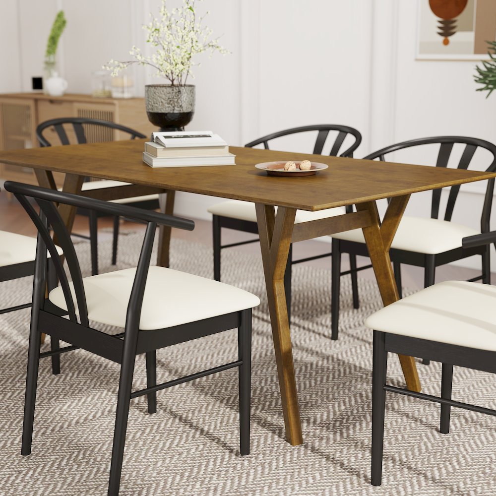 7-Piece Dining Set, Walnut Finished Dining Table with 6 Black Wishbone Chairs. Picture 7