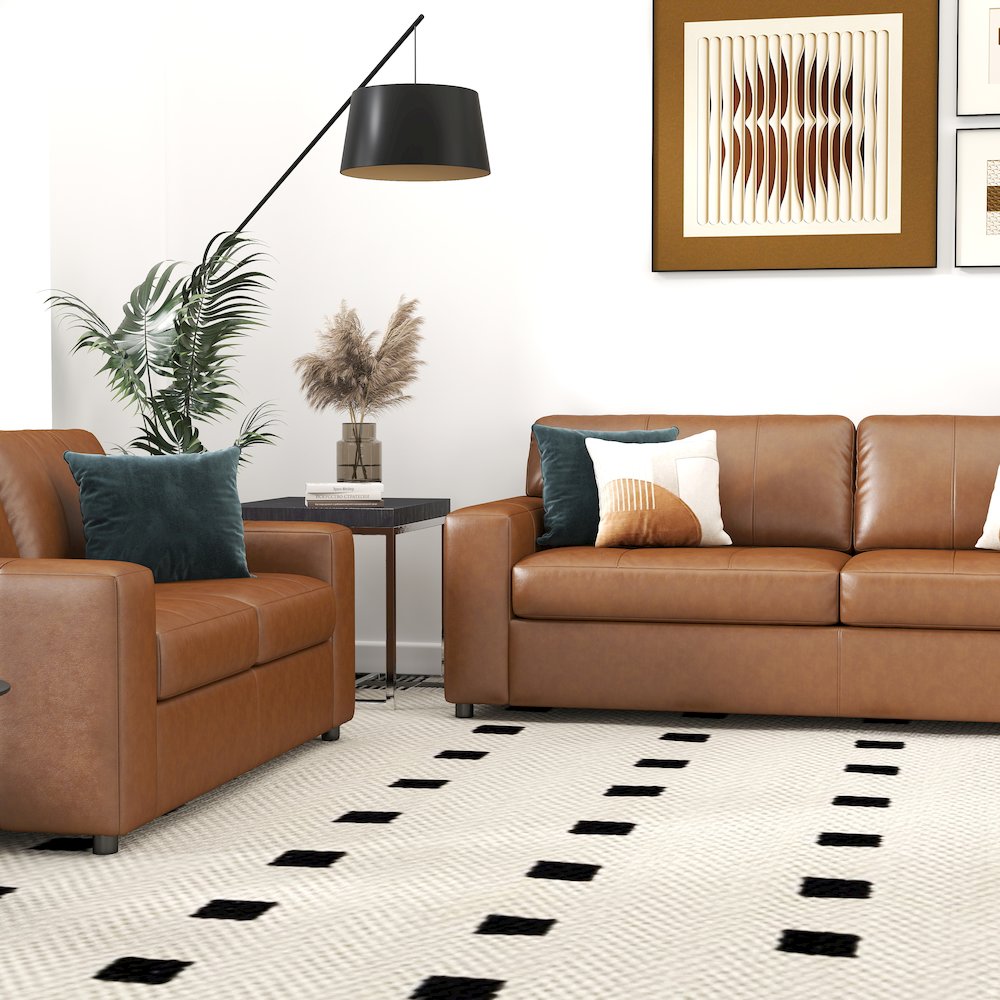 Sakan Leather 4-Pc Living Room Set, Sofa Loveseat, Chair and Ottoman, Caramel. Picture 4