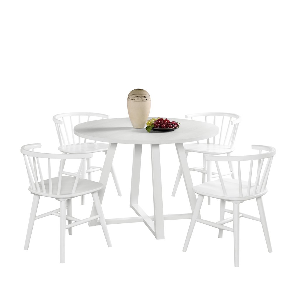 Edo White Wood 5-Pc Dining Set, Trestle Dining Table with 4 Windsor Chairs. Picture 1