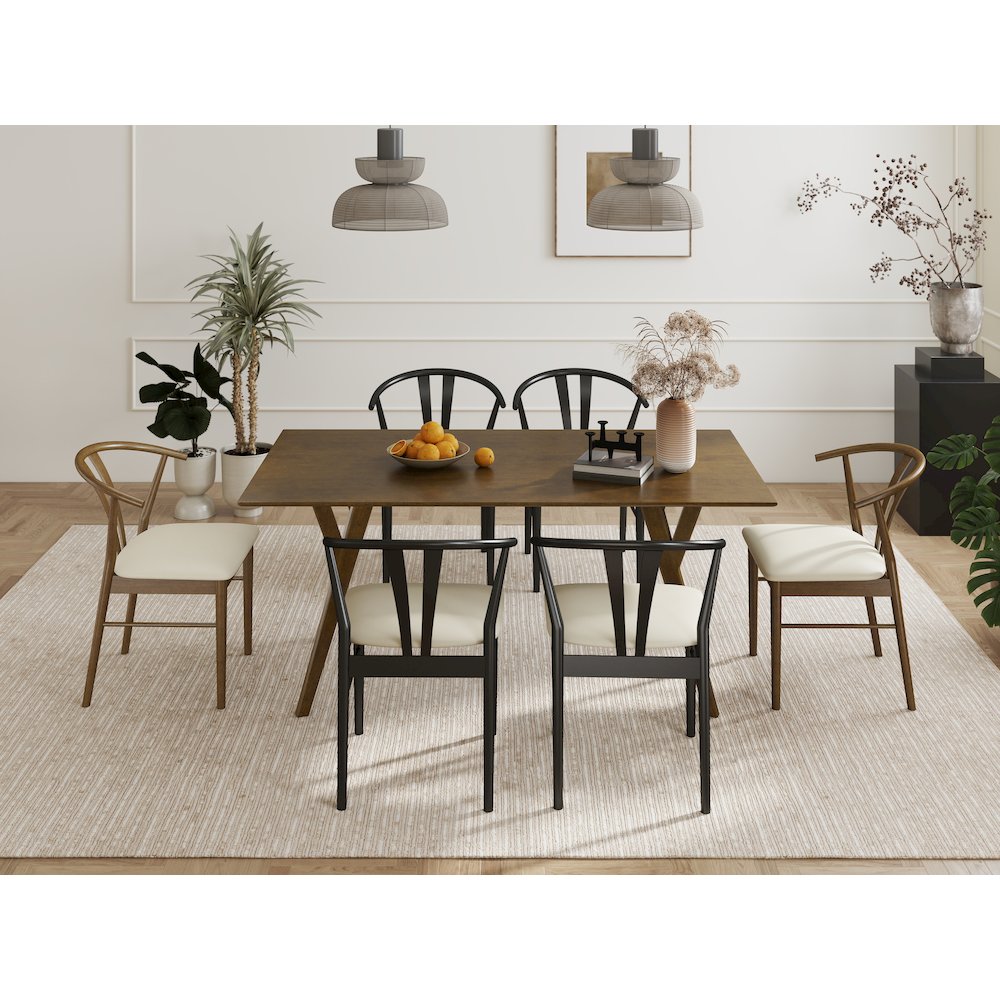 7-Piece Dining Set, Wood Dining Table with 2 Walnut and 4 Black Wishbone Chairs. Picture 3