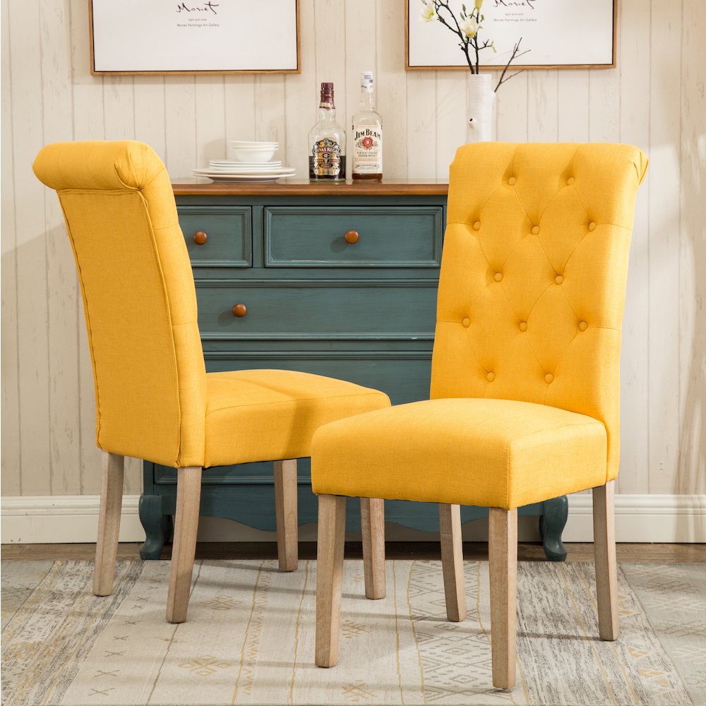Habit Solid Wood Tufted Parsons Yellow Dining Chair, Set of 2. Picture 2