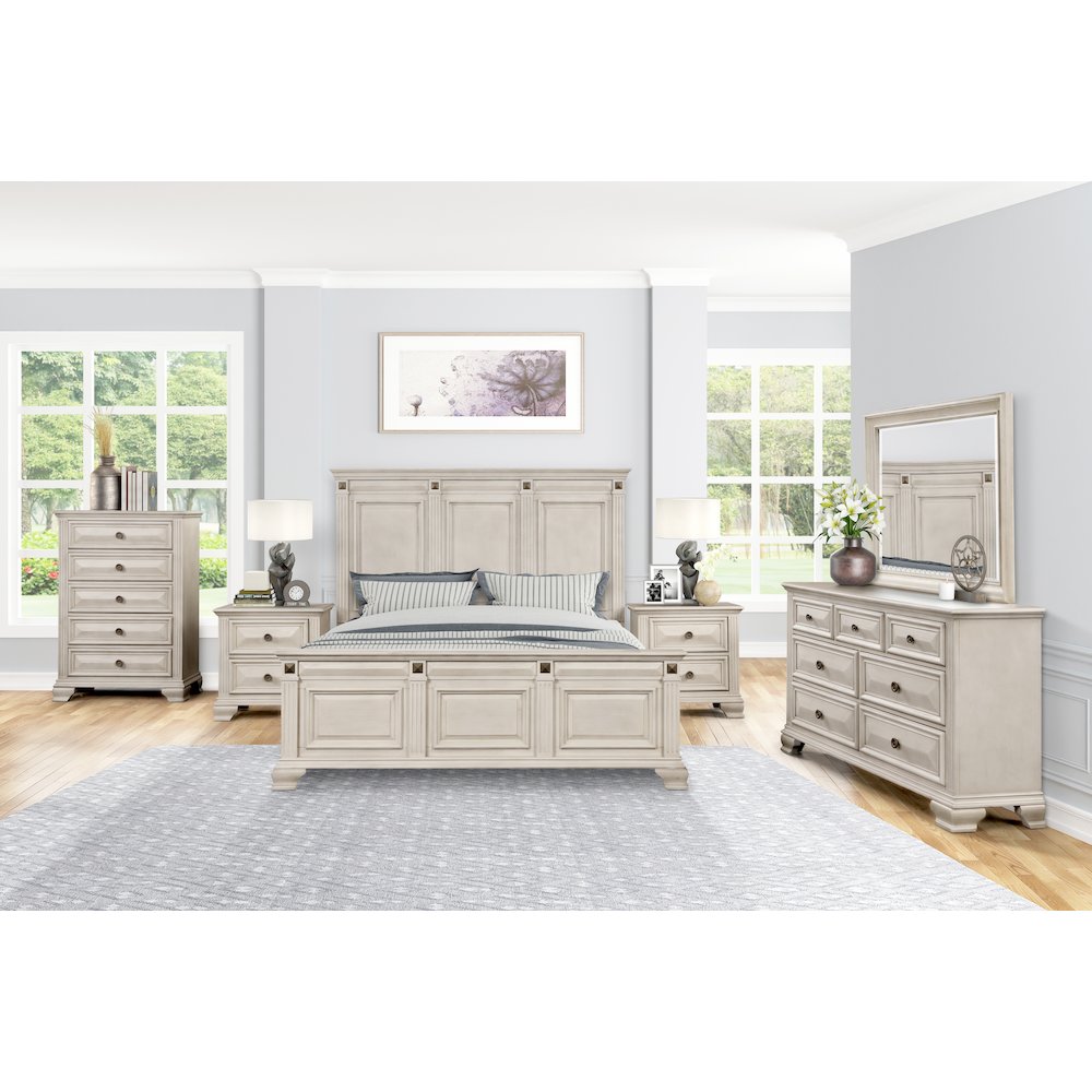 Parchment Wood Bedroom Set, King Bed, Dresser, Mirror, 2 Nightstands, Chest. Picture 2