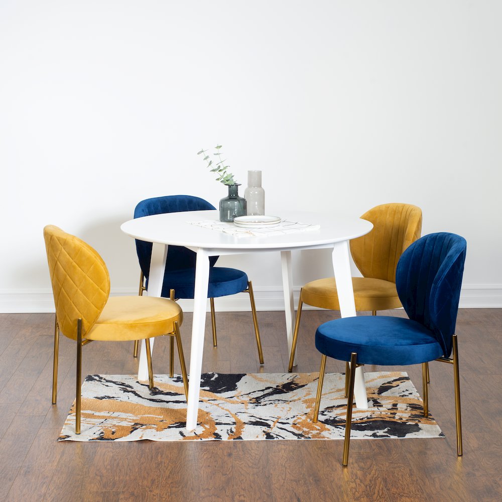 Amoa 5-Pc Dining Set, White Round Dining Table and 4 Chairs, Blue and Yellow. Picture 1