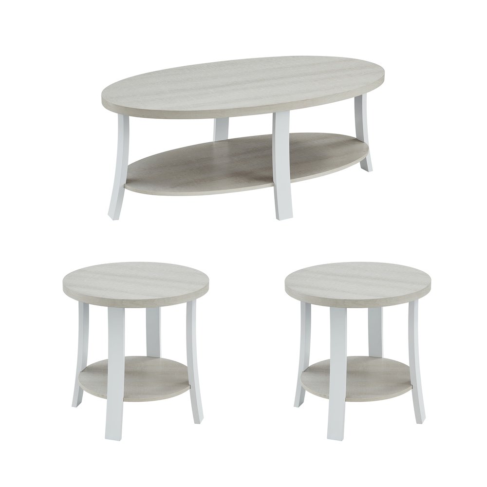 Anze Contemporary Oval Wood Shelf 3-Pc Coffee Table Set in White Finish. Picture 1