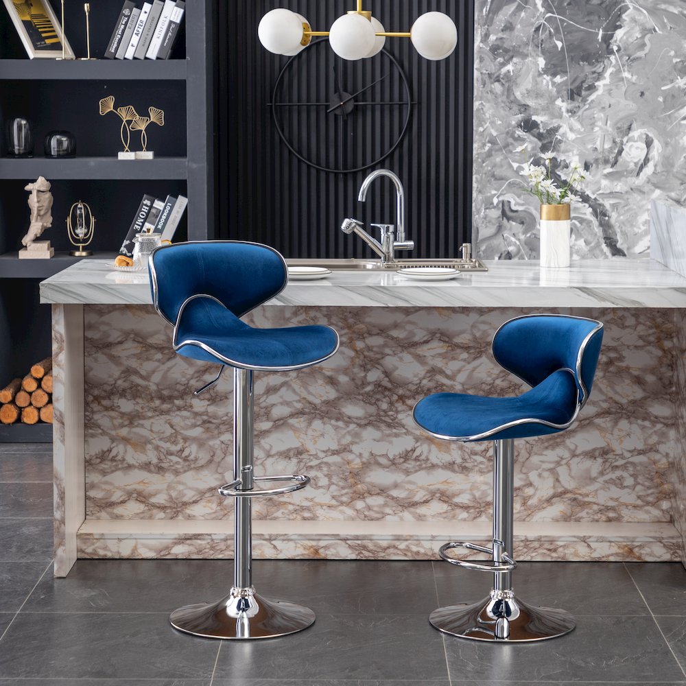 Masaccio Velvet Upholstered Adjustable Swivel Barstool, Set of 2, Blue. Picture 7
