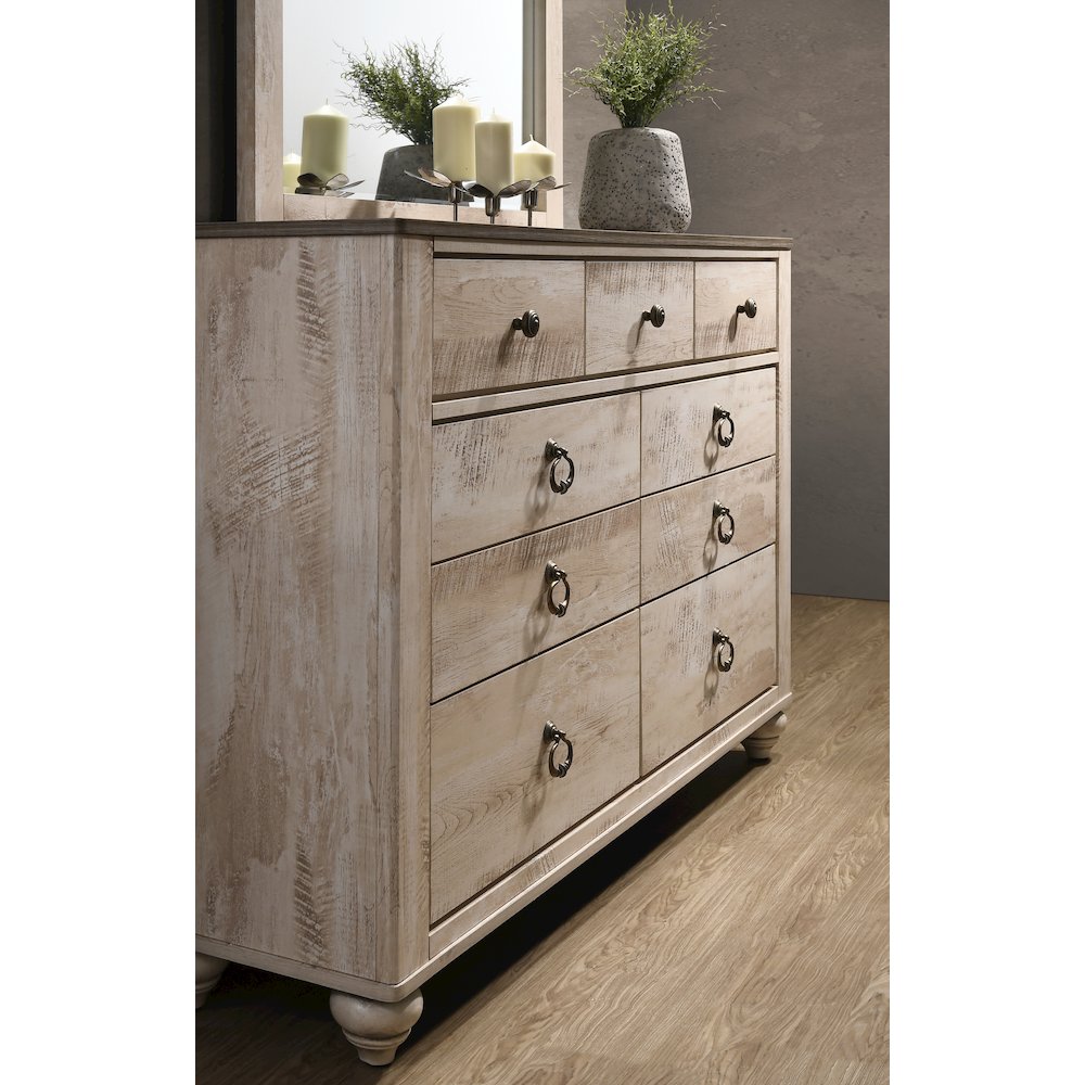 White Wash Finish 5-Piece Bedroom Set-Queen Bed, Dresser, Mirror, 2 Nightstands. Picture 7