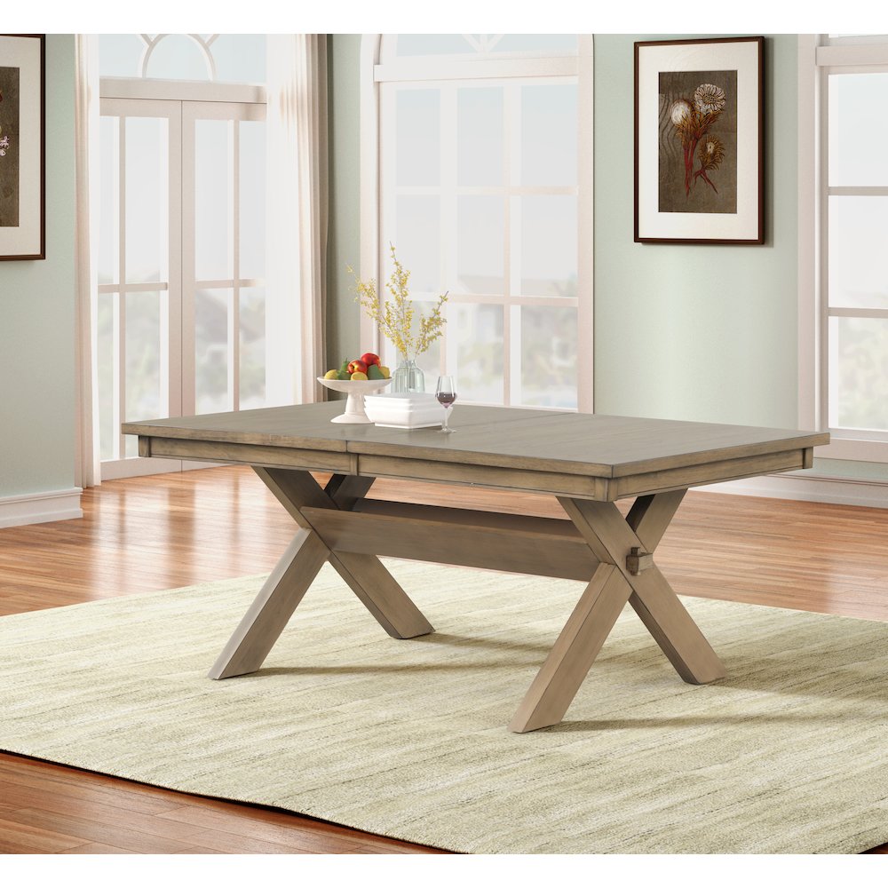 Raven Wood Trestle Extendable Dining Table with Leaf, Glazed Pine Brown. Picture 3