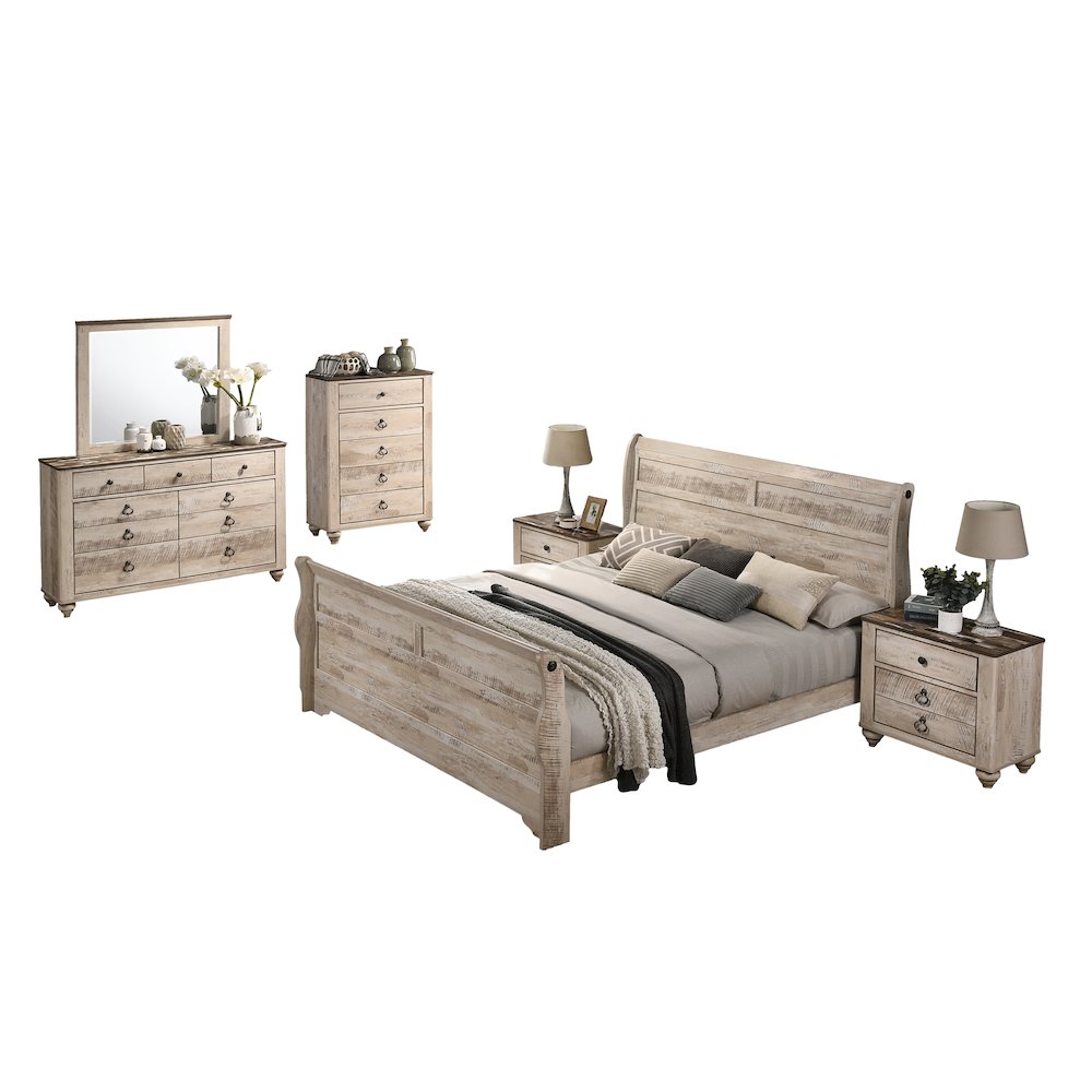 Imerland Contemporary White Wash Finish 6PC Bedroom Set with Queen Sleigh Bed. Picture 1
