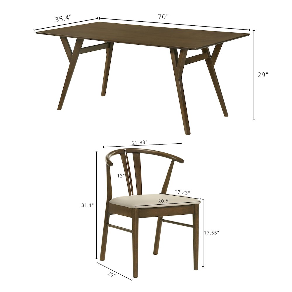 5-Piece Dining Set, Walnut Finished Dining Table with 4 Brown Wishbone Chairs. Picture 18
