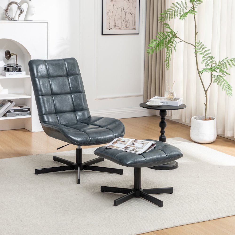 Arlena 2-Piece Seating Set, Faux Leather Tufted Accent Chair and Ottoman, Blue. Picture 3