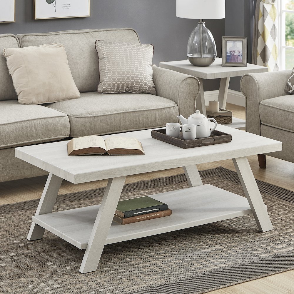 Athens Contemporary Wood Shelf Coffee Table Set in White Finish. Picture 4