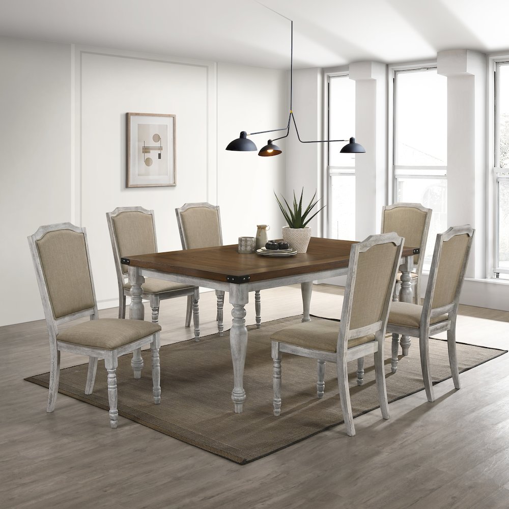 7-Piece Dining Set, Table with 6 Upholstered Chairs, Rustic White and Oak. Picture 2